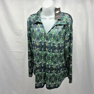 Valolia Green Blue Orange Paisley Print V-Neck Tunic Blouse Shirt XL